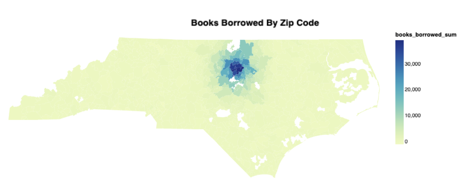 A geoplot of the books borrowed by zip code.