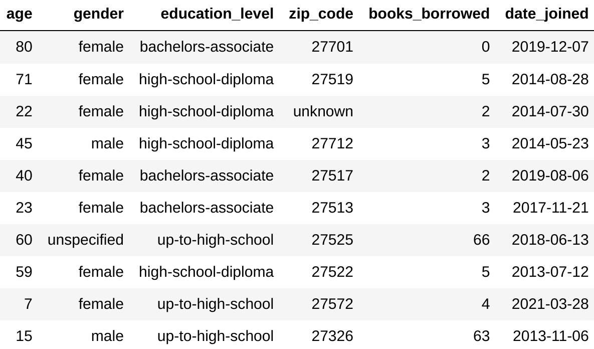 10 rows sampled from the synthetic dataset. It has the age, gender, education_level, zip_code, and books_borrowed columns from before, and similar values in each.